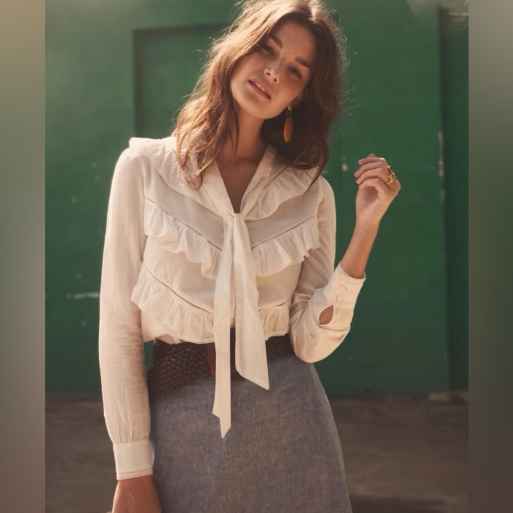 Sezane Chemise Naella Blouse Tie Front Long Sleeve Ruffle Top 4
